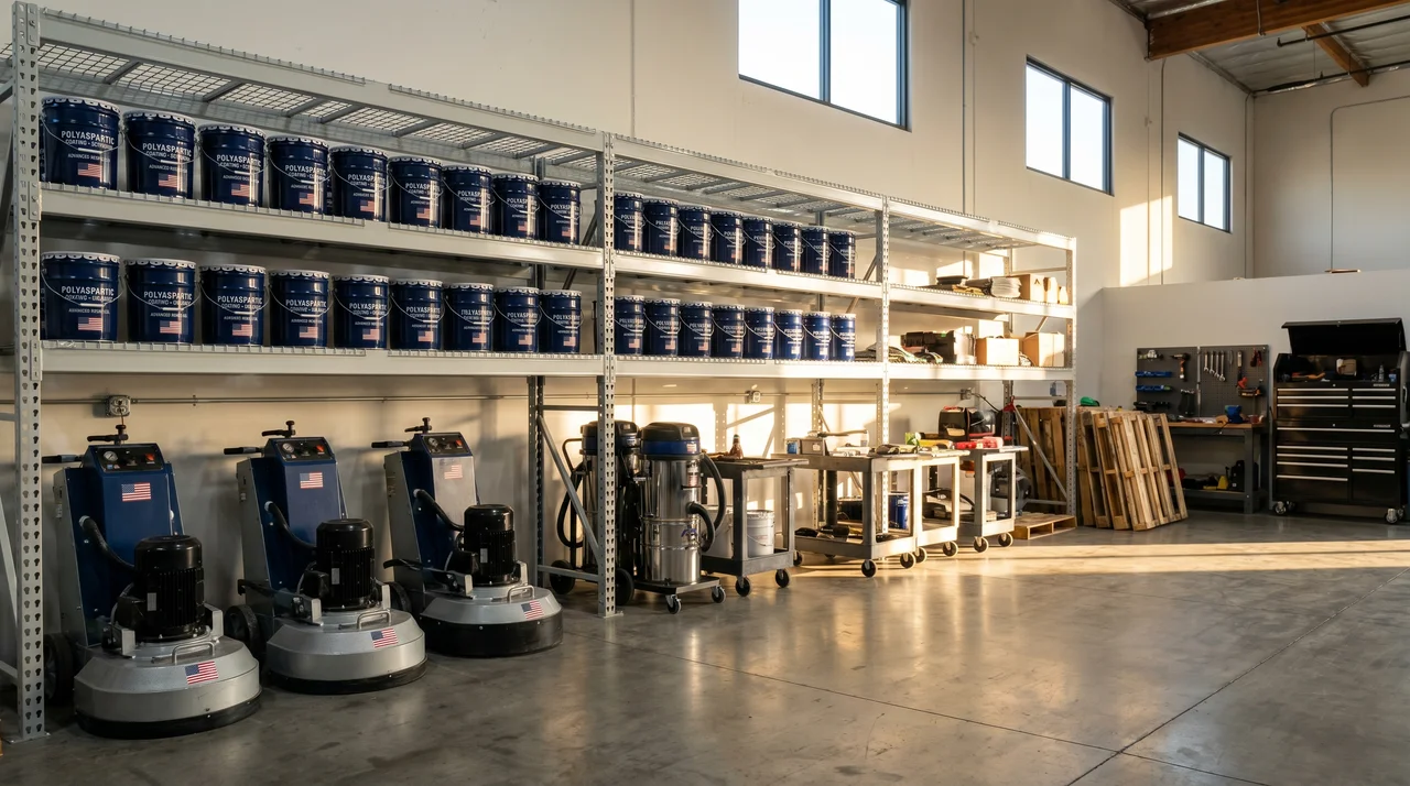 Epoxy Flooring Rochester NY installer staging area with coating pails and diamond-grinding equipment